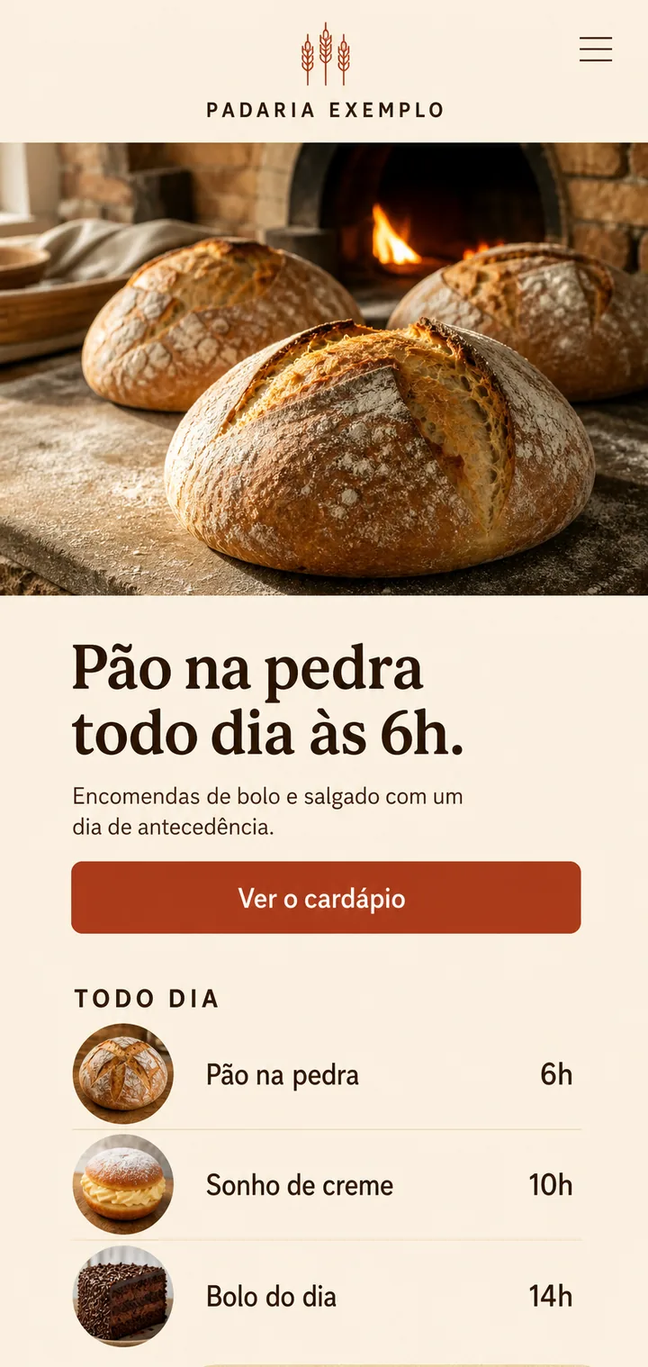 Site de Padaria Exemplo aberto no celular